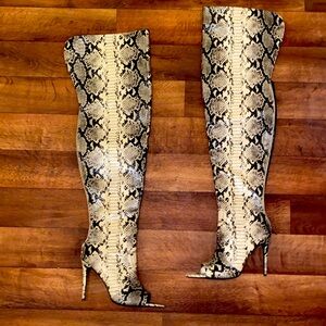 8.5 faux snake skin open toe thigh high boots. Never worn.